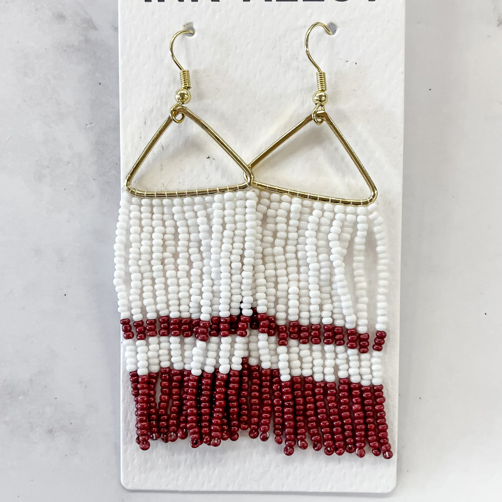 Whitney Checkered Beaded Fringe Earrings White and Crimson by Ink & Alloy - Lyla's: Clothing, Decor & More - Plano Boutique
