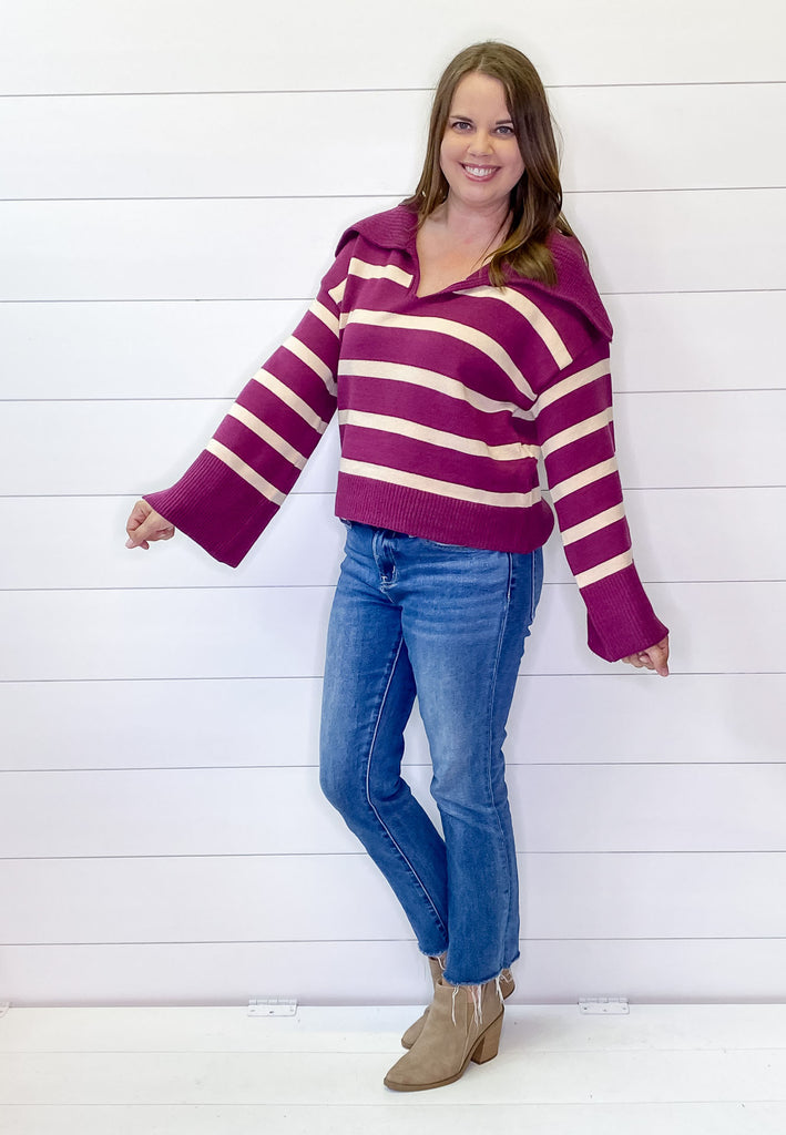 Plum Collar Striped Sweater - Lyla's: Clothing, Decor & More - Plano Boutique