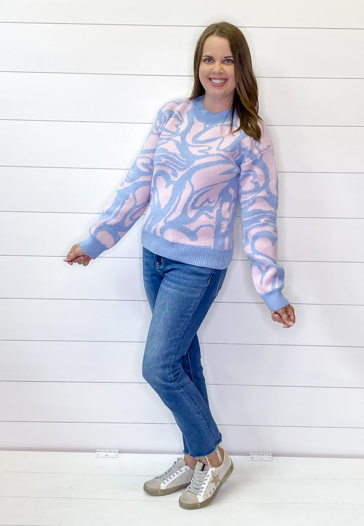 Abstract Heart Pink and Blue Sweater - Lyla's: Clothing, Decor & More - Plano Boutique