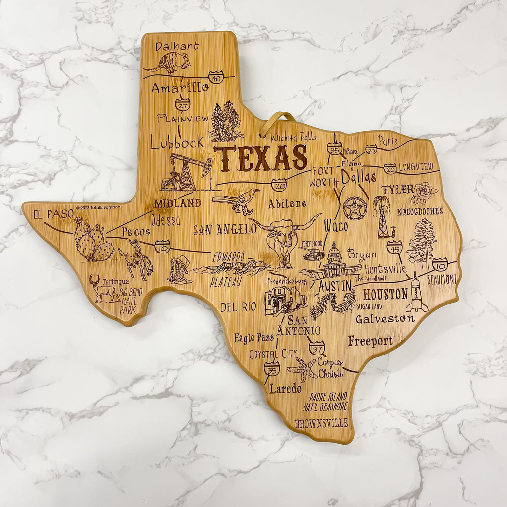 Destination Texas State Shaped Bamboo Serving and Cutting Board - Lyla's: Clothing, Decor & More - Plano Boutique
