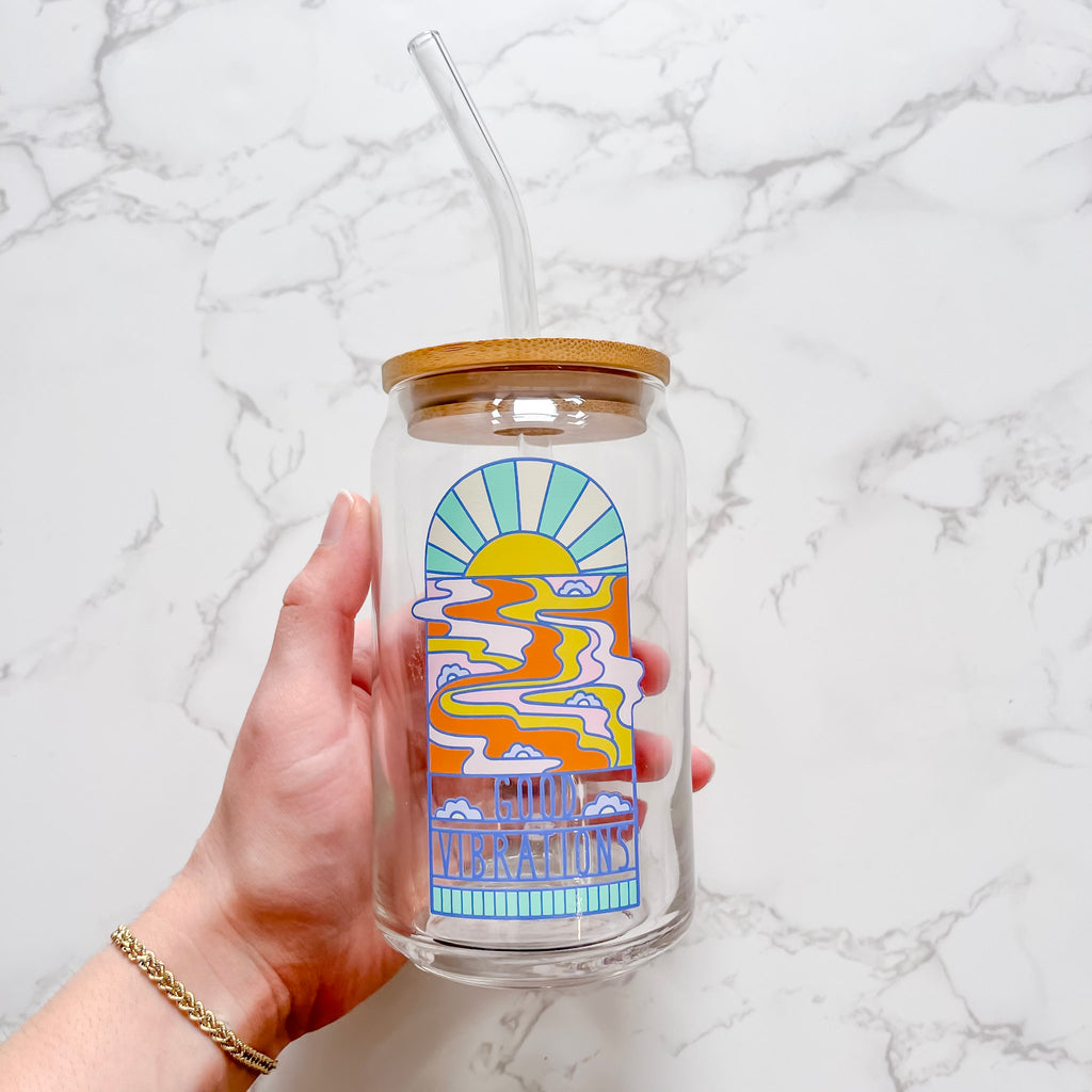 Good Vibrations Can Glass with Lid & Straw - Lyla's: Clothing, Decor & More - Plano Boutique