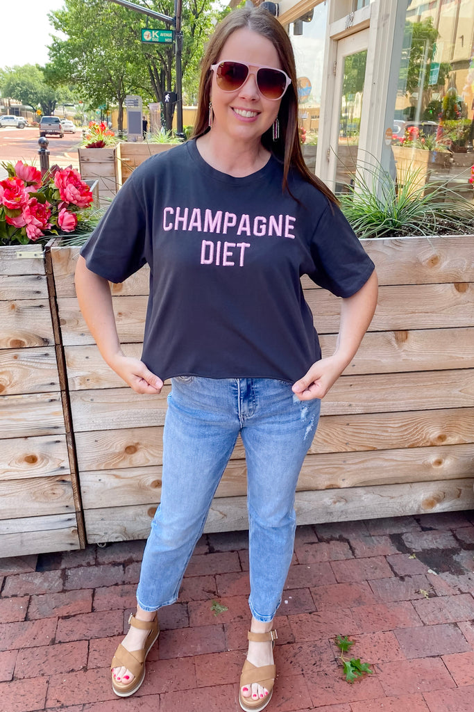 Champagne Diet Stitch Cropped Black Top - Lyla's: Clothing, Decor & More - Plano Boutique