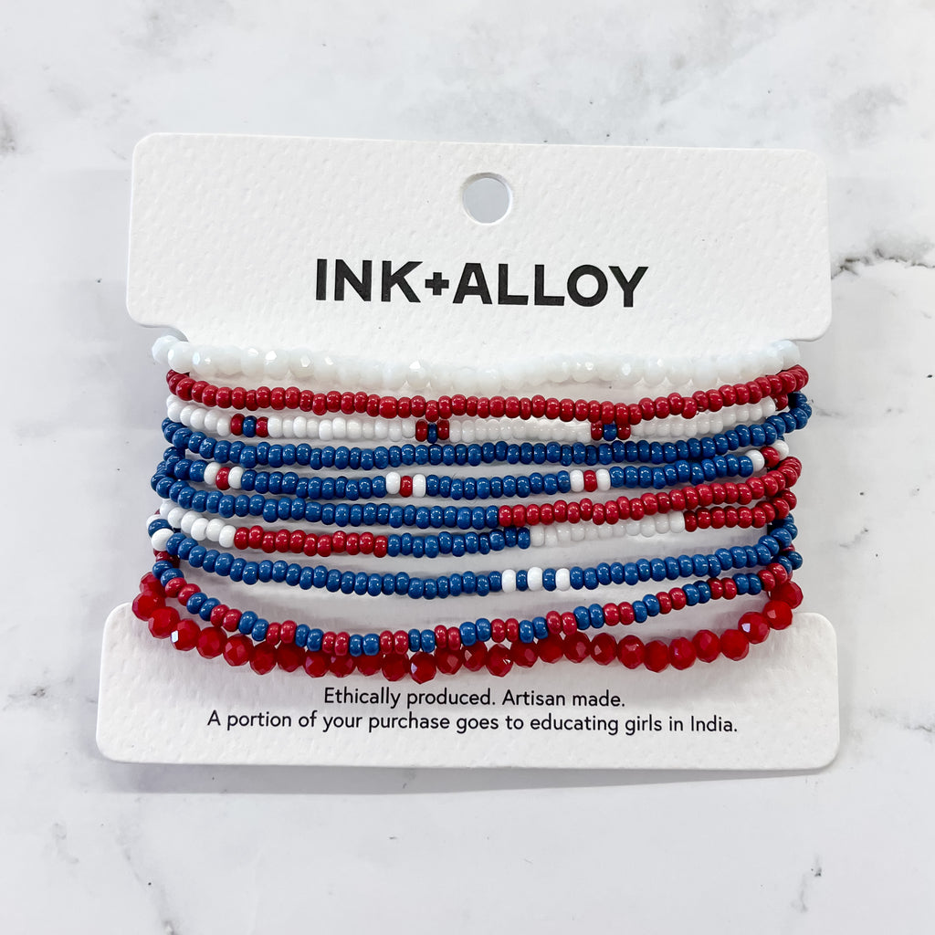Sage Color Block Beaded 10 Strand Stretch Bracelets Red & Blue by Ink & Alloy - Lyla's: Clothing, Decor & More - Plano Boutique