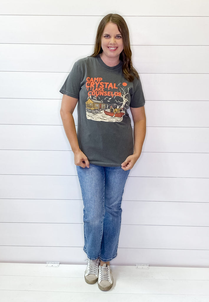 Camp Crystal Lake Counselor Charcoal Top - Lyla's: Clothing, Decor & More - Plano Boutique