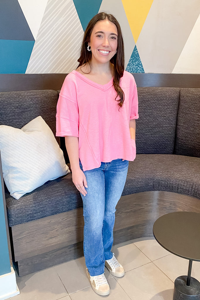 Pink Raw Edge Side Slit Top - Lyla's: Clothing, Decor & More - Plano Boutique