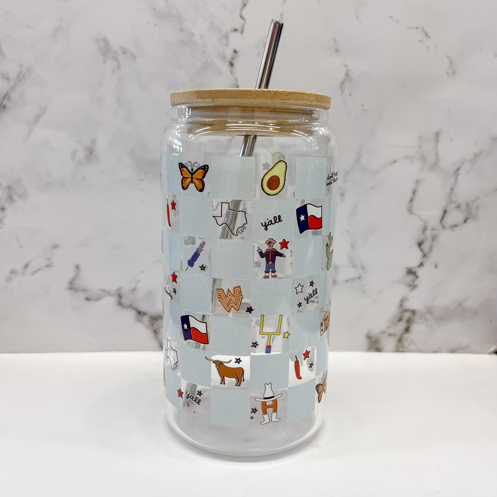 Texas Checkerboard Icons Glass Can by Callie Danielle - Lyla's: Clothing, Decor & More - Plano Boutique
