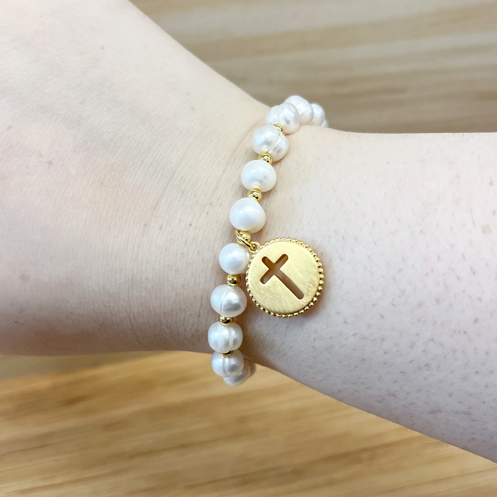 Pearl with Cross Bracelet - Lyla's: Clothing, Decor & More - Plano Boutique