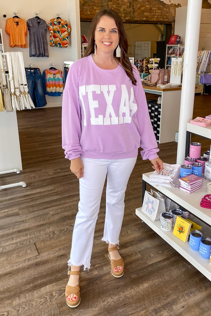 Texas Corduroy Graphic  Lavender Sweater - Lyla's: Clothing, Decor & More - Plano Boutique
