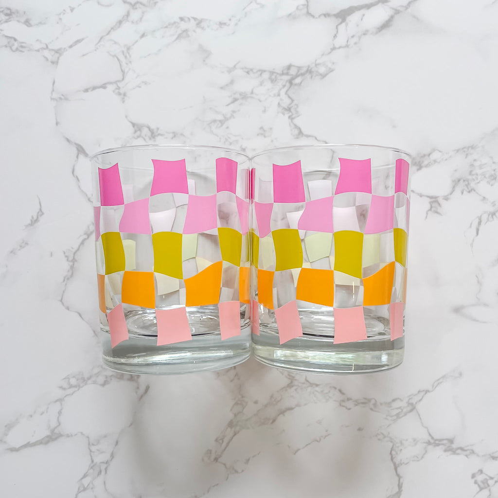 Pink Carnival Check Rocks Glass Set - Lyla's: Clothing, Decor & More - Plano Boutique