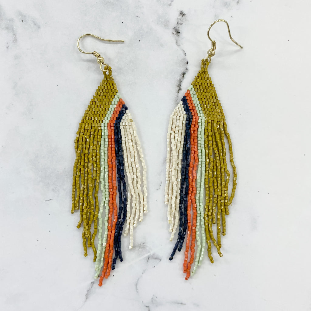 Josie Angled Stripe Beaded Fringe Earrings Citron by Ink & Alloy - Lyla's: Clothing, Decor & More - Plano Boutique