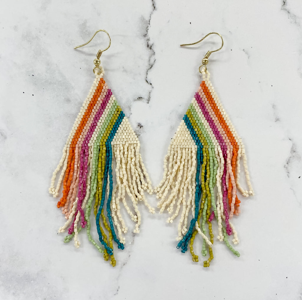 Haley Falling Lines Beaded Fringe Earrings Rainbow by Ink & Alloy - Lyla's: Clothing, Decor & More - Plano Boutique
