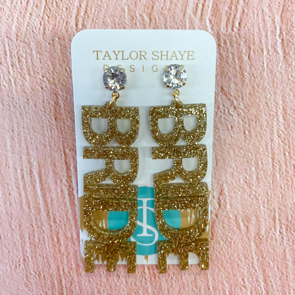 Bride Gold Glitter Drop Earrings by Taylor Shaye - Lyla's: Clothing, Decor & More - Plano Boutique