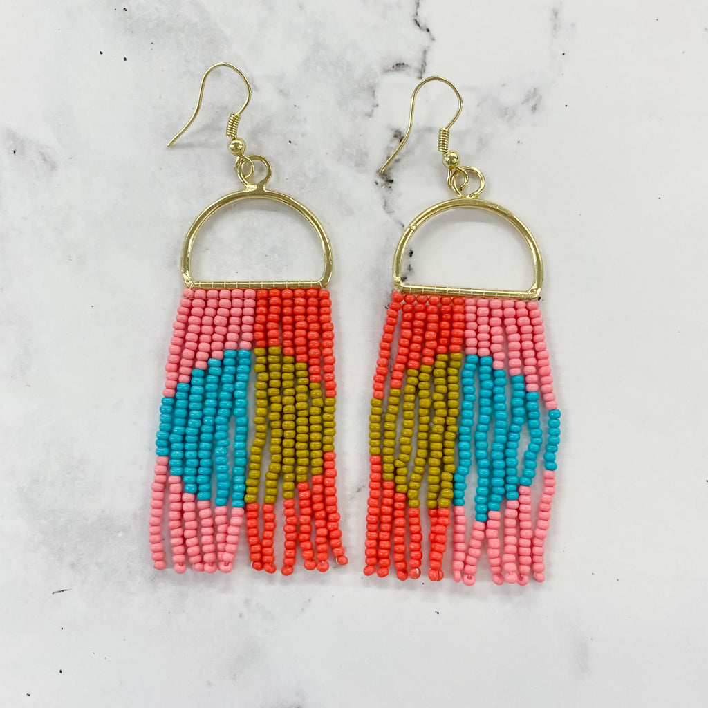 Allison Half Circle Color Block Beaded Fringe Earrings Tomato Red by Ink & Alloy - Lyla's: Clothing, Decor & More - Plano Boutique