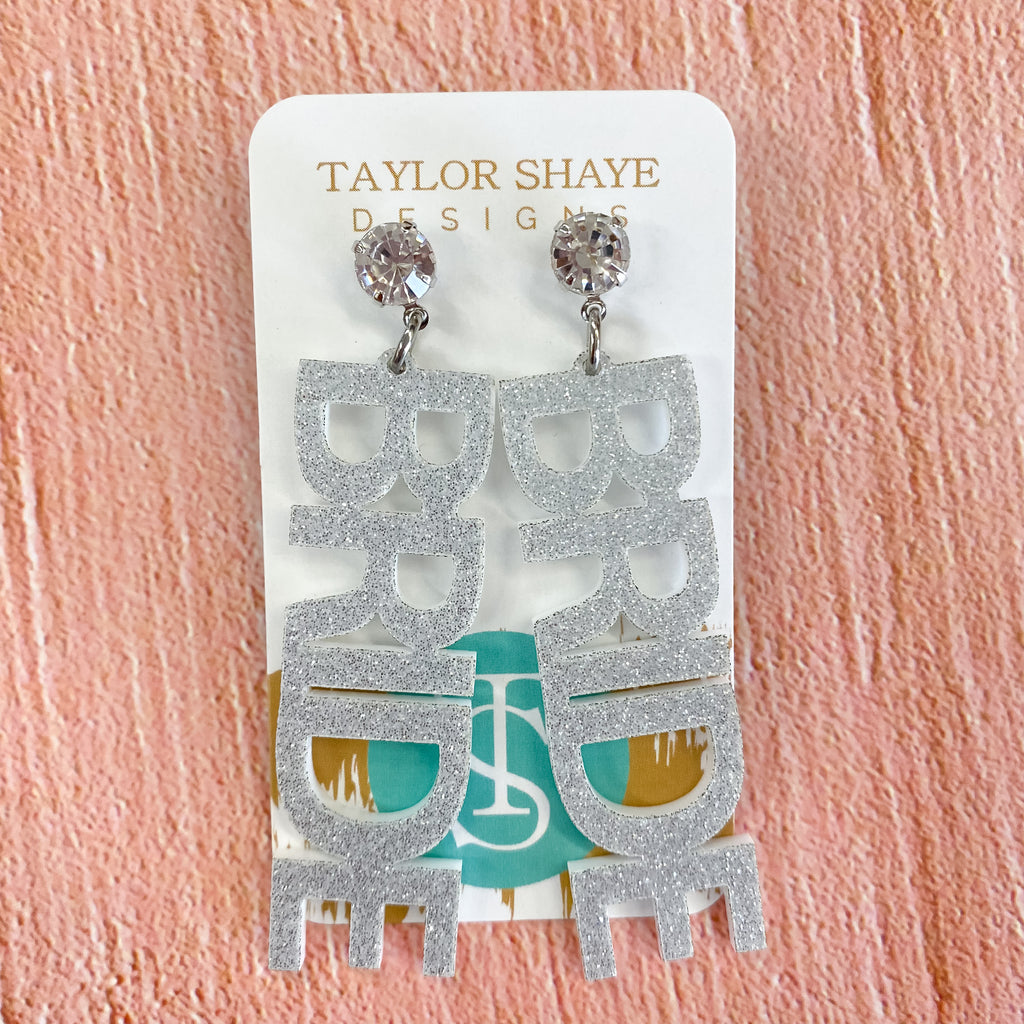 Bride Silver Glitter Drop Earrings by Taylor Shaye - Lyla's: Clothing, Decor & More - Plano Boutique