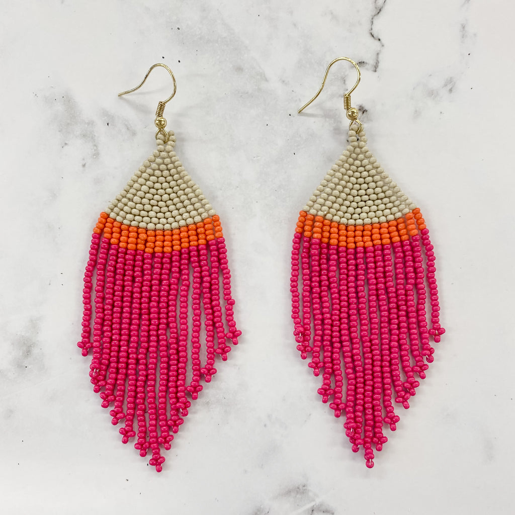 Erin Color Block Stripe Beaded Fringe Earrings Hot Pink - Lyla's: Clothing, Decor & More - Plano Boutique