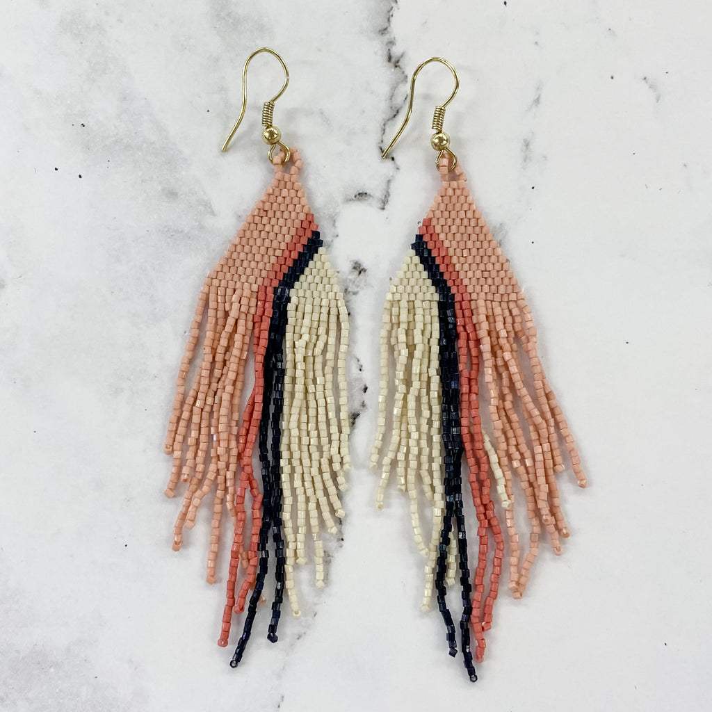 Josie Angled Stripe Beaded Fringe Earrings Blush by Ink & Alloy - Lyla's: Clothing, Decor & More - Plano Boutique