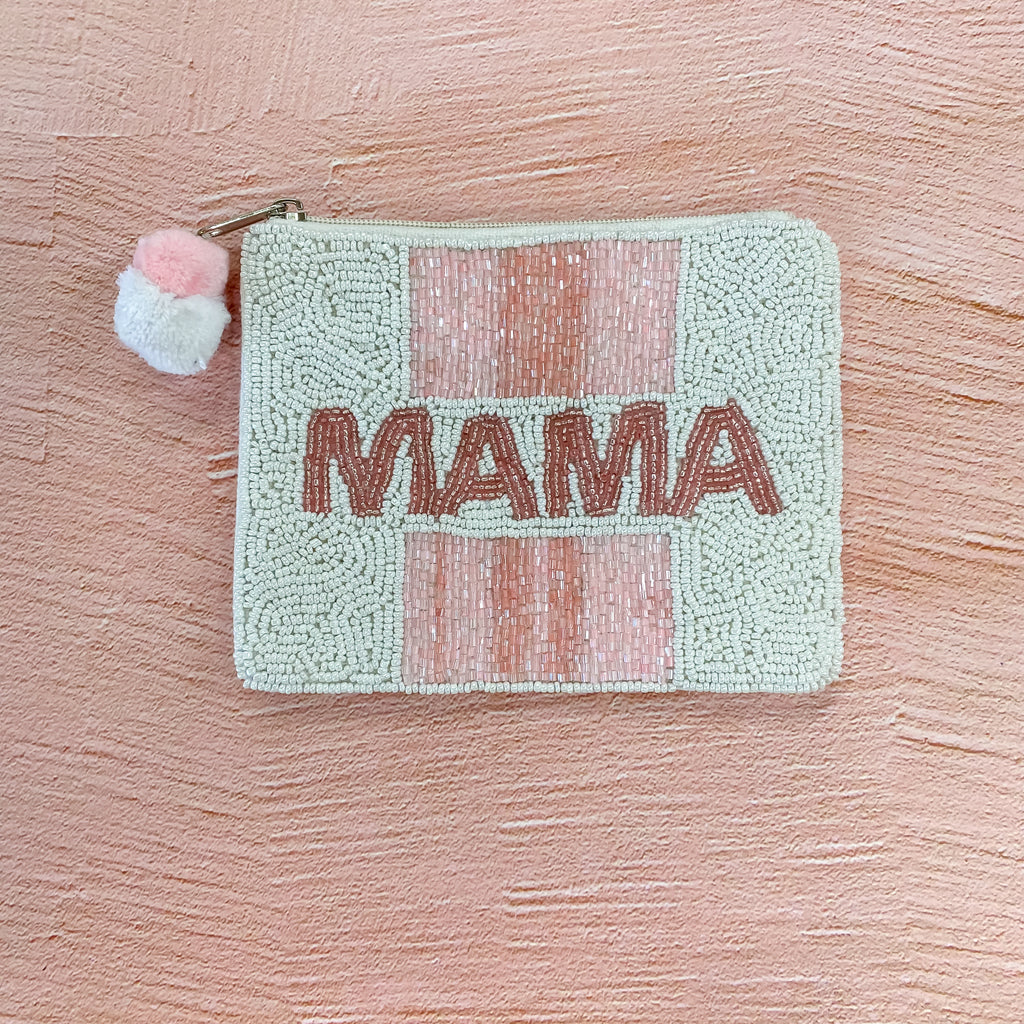 Mama White and Pink Beaded Pouch - Lyla's: Clothing, Decor & More - Plano Boutique