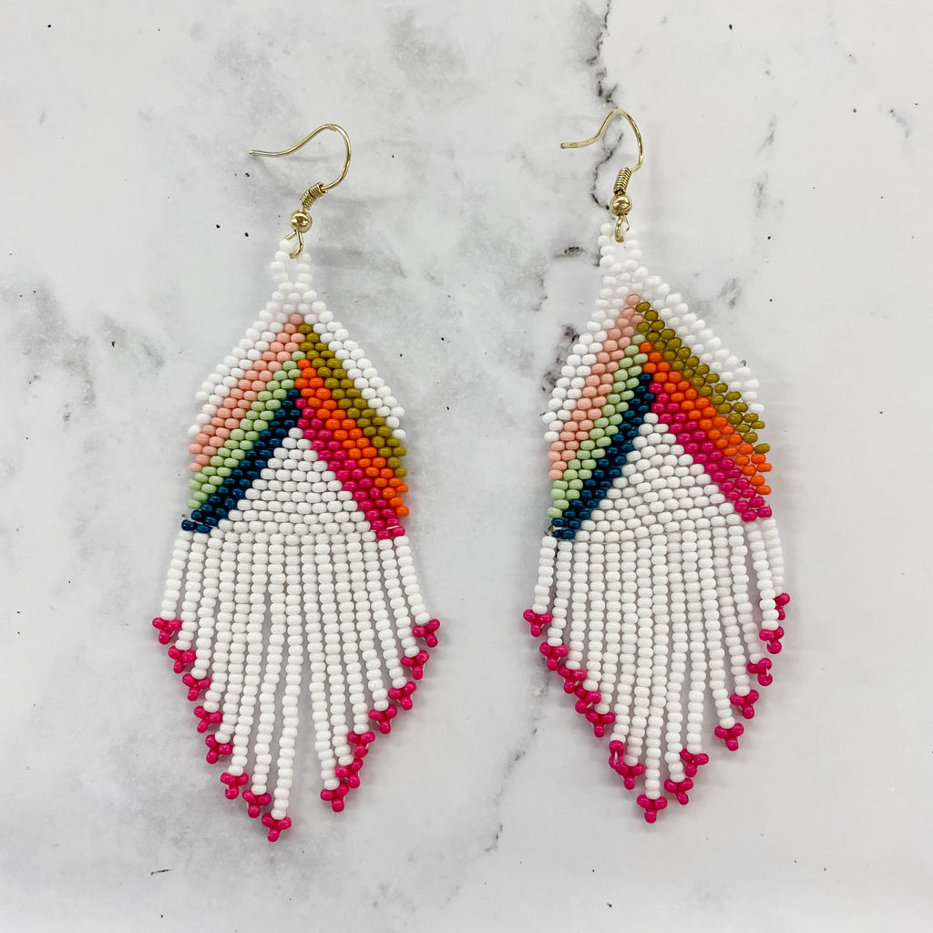 Elise Chevron Beaded Fringe Earrings White and Pink by Ink & Alloy - Lyla's: Clothing, Decor & More - Plano Boutique