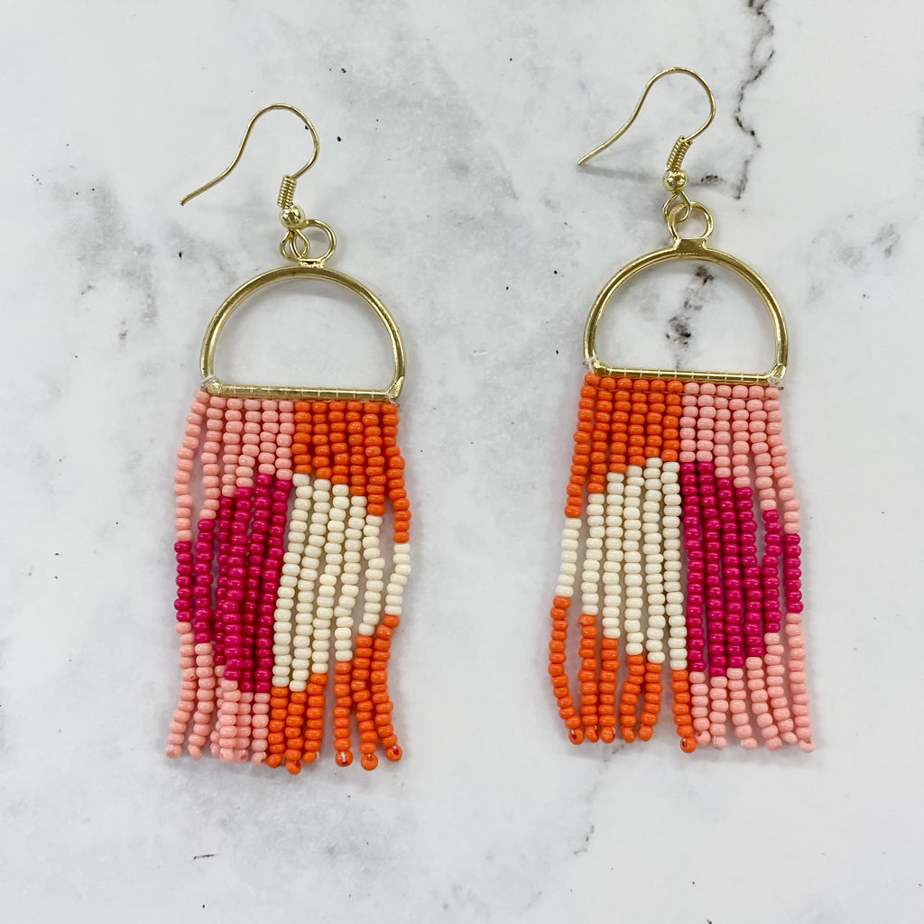 Allison Half Circle Color Block Beaded Fringe Earrings Hot Pink by Ink & Alloy - Lyla's: Clothing, Decor & More - Plano Boutique