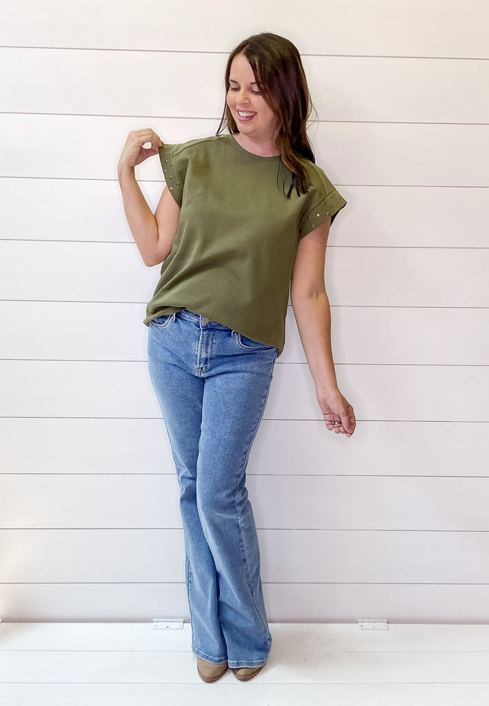 Day by Day Olive Studded Top - Lyla's: Clothing, Decor & More - Plano Boutique
