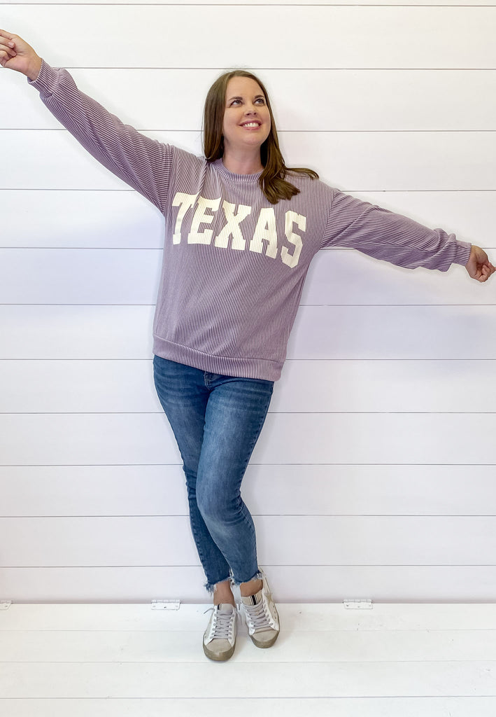 Texas Corduroy Graphic  Deep Plum Sweater - Lyla's: Clothing, Decor & More - Plano Boutique