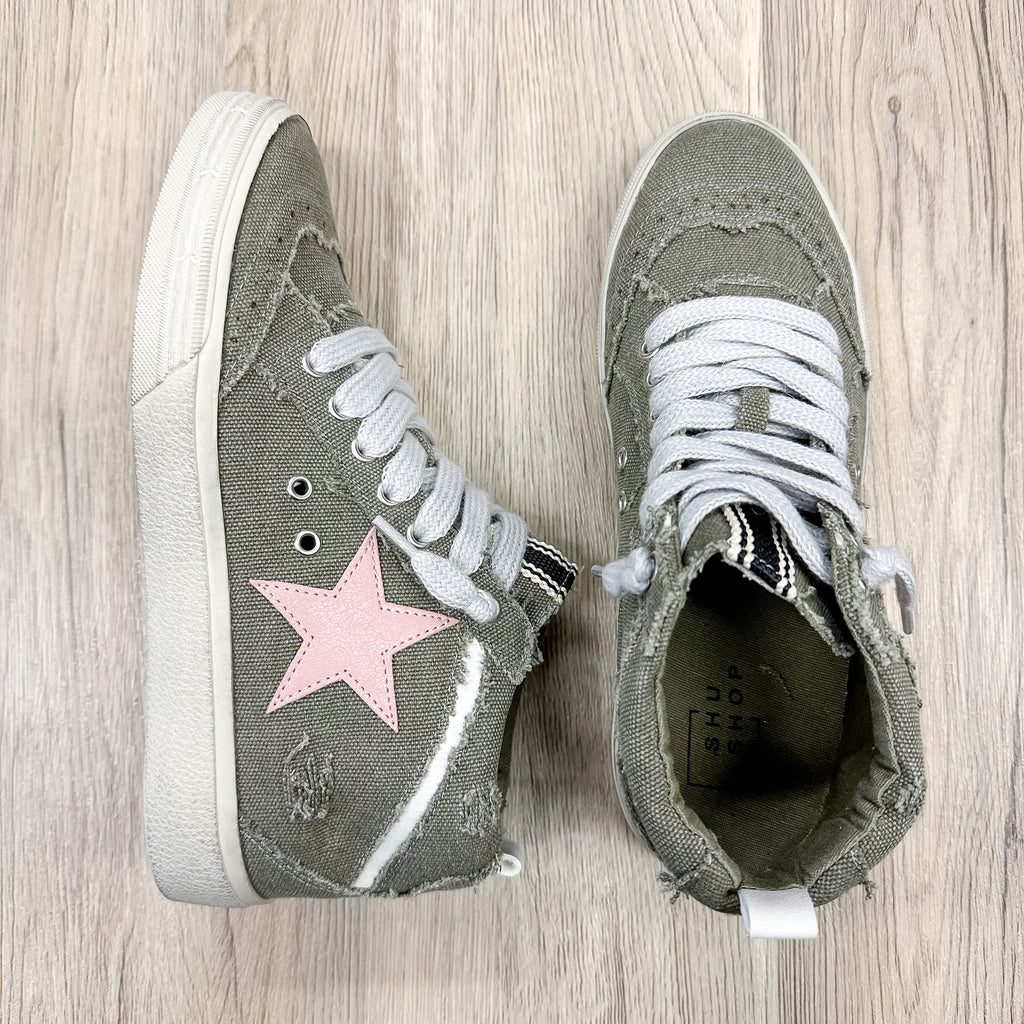 Paulina Olive Canvas Pink Star High Top Shu Shop Sneaker - Lyla's: Clothing, Decor & More - Plano Boutique
