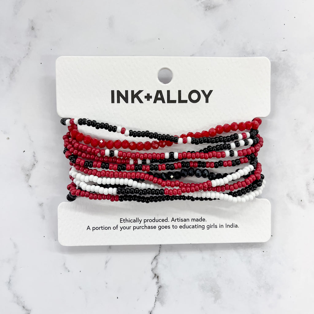 Sage Color Block Beaded 10 Strand Stretch Bracelets Red and Black by Ink & Alloy - Lyla's: Clothing, Decor & More - Plano Boutique