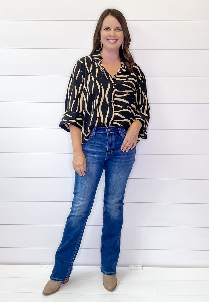 Criss Cross Black and Taupe Print Top - Lyla's: Clothing, Decor & More - Plano Boutique