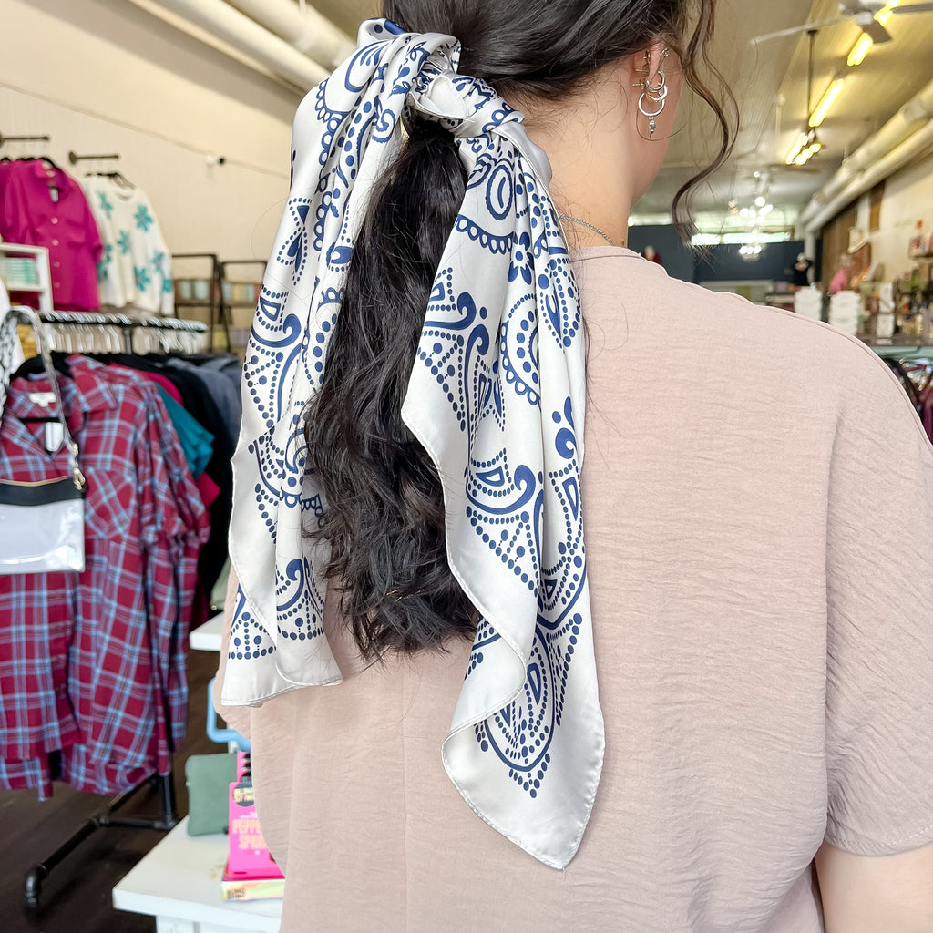 Taupe and Navy Bandana Print Scarf - Lyla's: Clothing, Decor & More - Plano Boutique