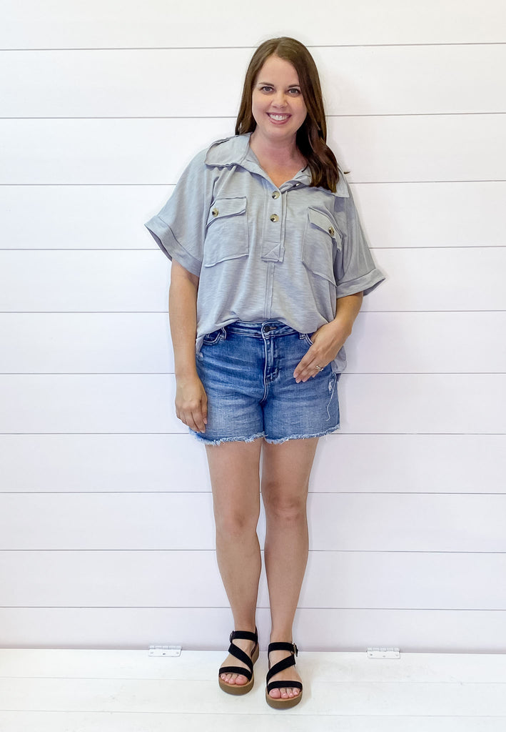 Tell the Truth Collared Grey Top - Lyla's: Clothing, Decor & More - Plano Boutique
