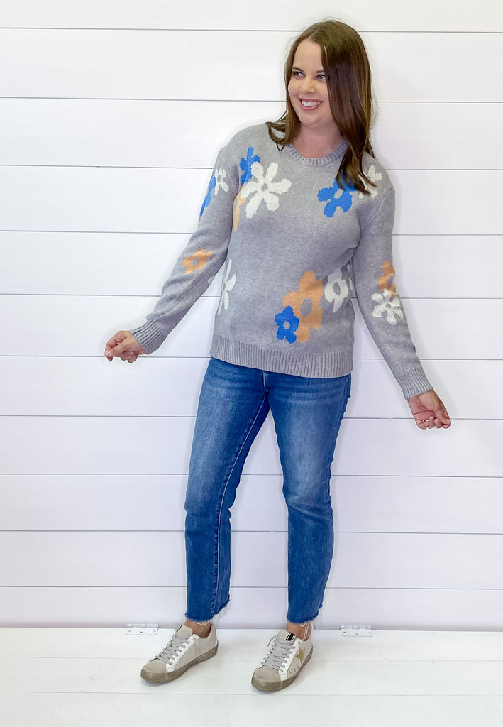 Back to Floral Print Grey Sweater - Lyla's: Clothing, Decor & More - Plano Boutique