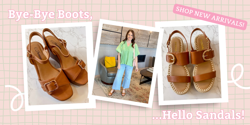 Shop spring transitional pieces at Lyla's Clothing and Gifts! Located n Downtown Plano and Rockwall, TX! Saying bye bye to winter and hello to warmer days! Shop cute sandals for spring break at Lyla's!
