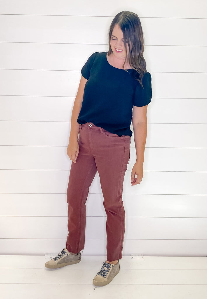 Jeanne Elegantly Burgundy High Rise Slim Straight Denim by Vervet - Lyla's: Clothing, Decor & More - Plano Boutique