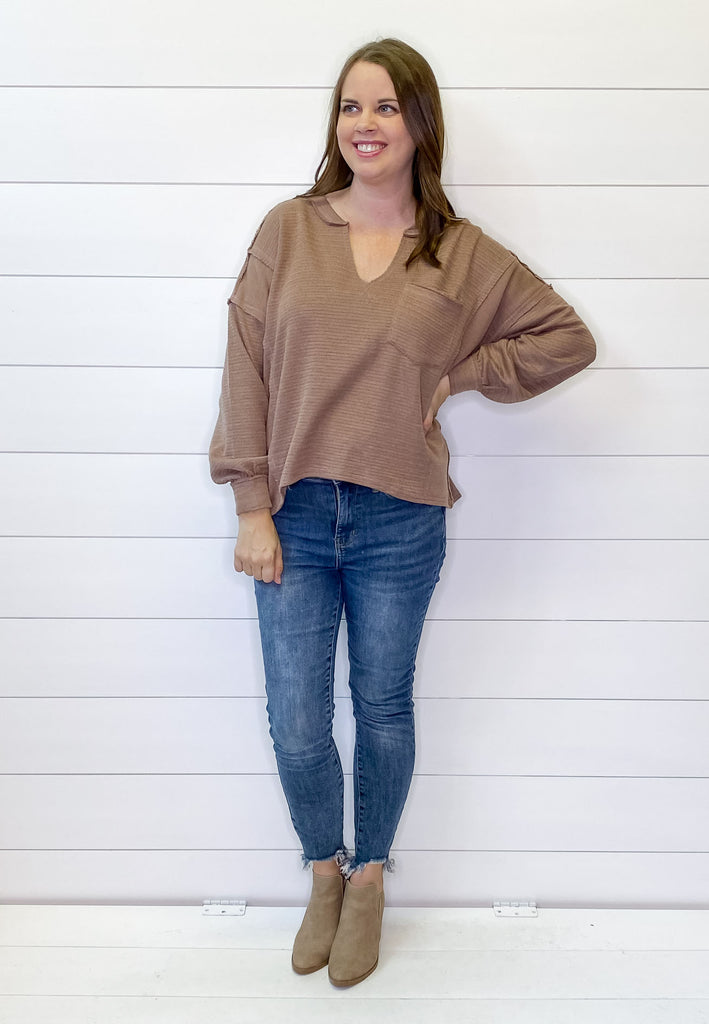 Brown Patchwork Pocket Sweater - Lyla's: Clothing, Decor & More - Plano Boutique