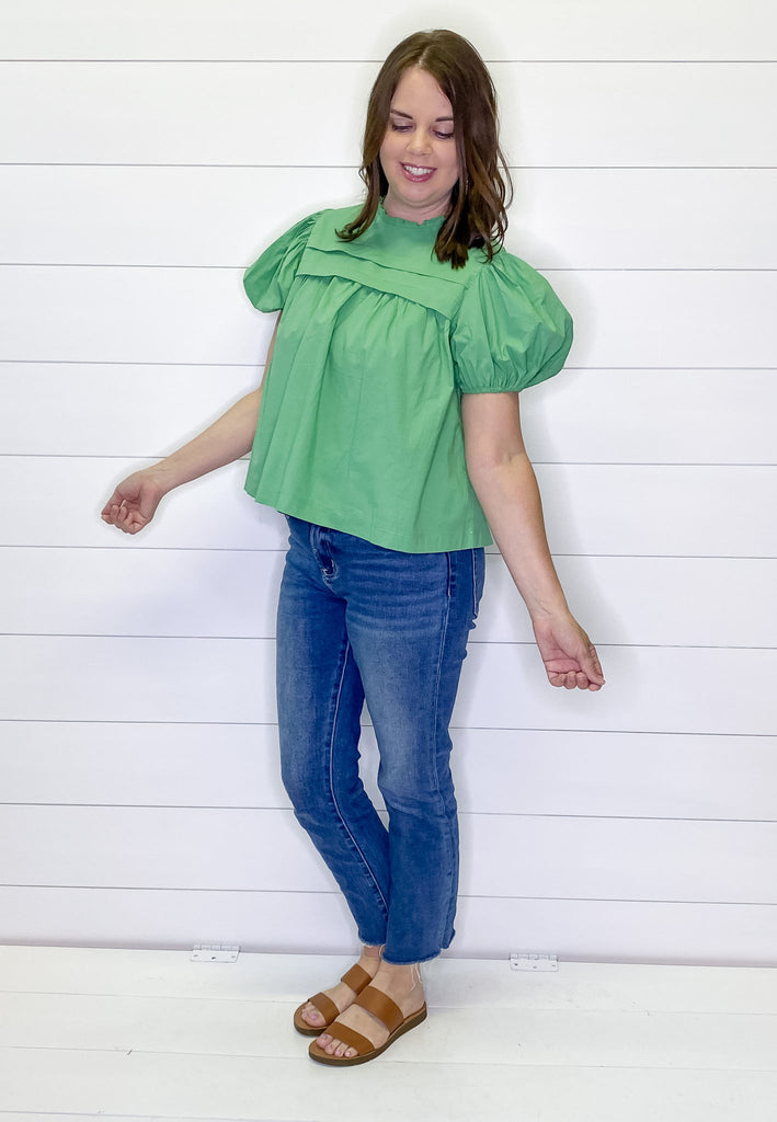 Playing Around Puff Sleeve Sage Green Top - Lyla's: Clothing, Decor & More - Plano Boutique