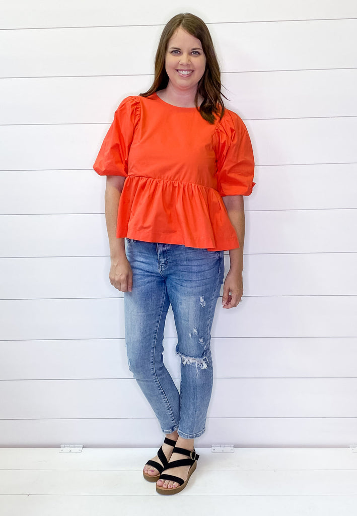 Coral Red Peplum Bubble Sleeve Top - Lyla's: Clothing, Decor & More - Plano Boutique