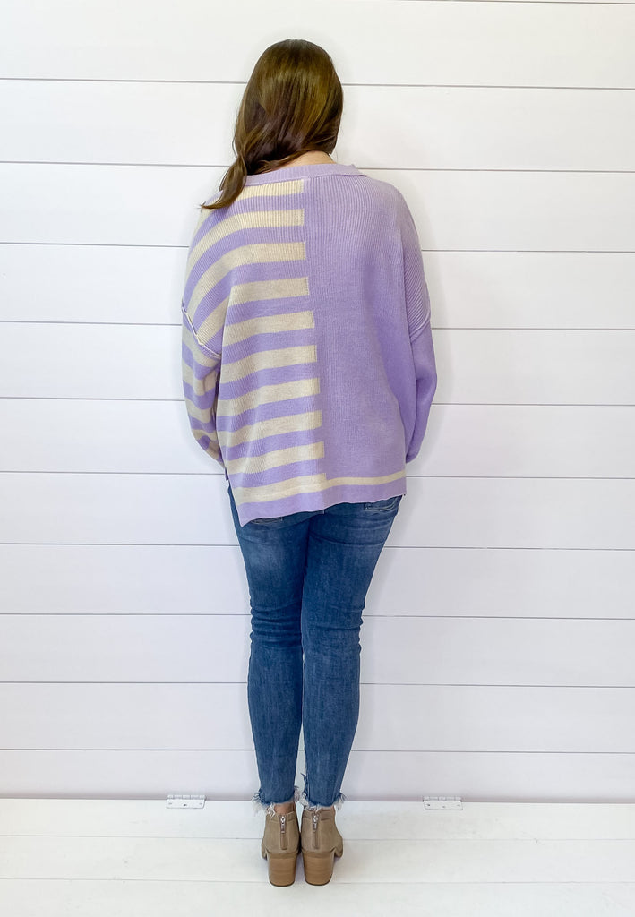 Lavender and Cream Colorblock Striped Sweater - Lyla's: Clothing, Decor & More - Plano Boutique