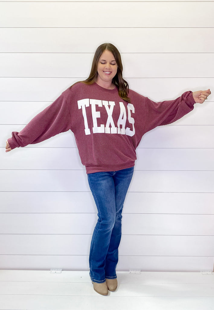 Texas Corduroy Graphic Wine Sweater - Lyla's: Clothing, Decor & More - Plano Boutique