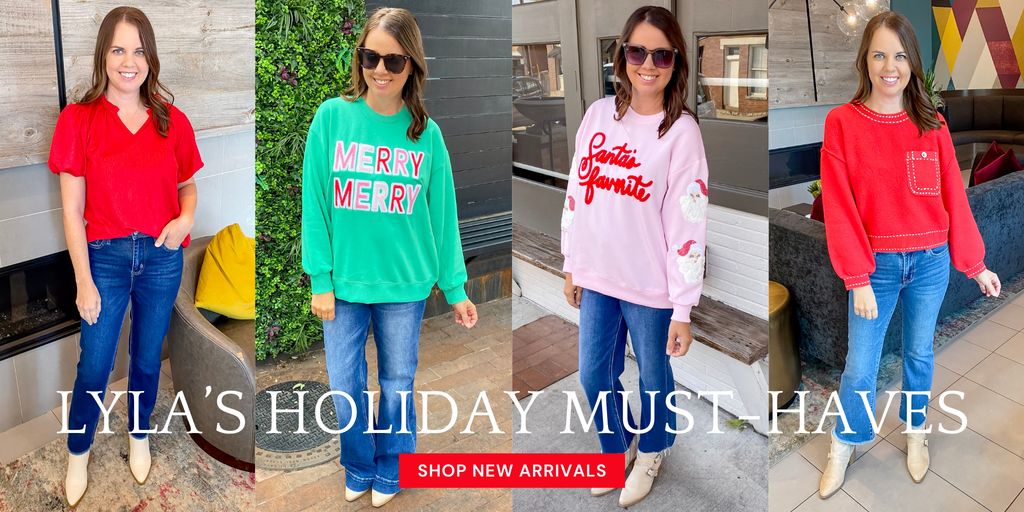 Lyla’s Holiday Must-Haves are HERE — the cutest Christmas sweaters, festive outfits, and giftable favorites! Shop local at your go-to Texas boutique in Downtown Rockwall, Downtown Plano, or online!