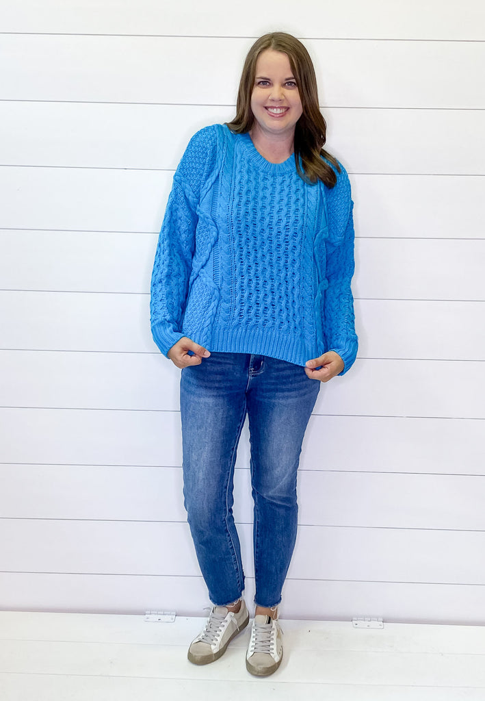 Electric Braided Blue Astor Sweater - Lyla's: Clothing, Decor & More - Plano Boutique