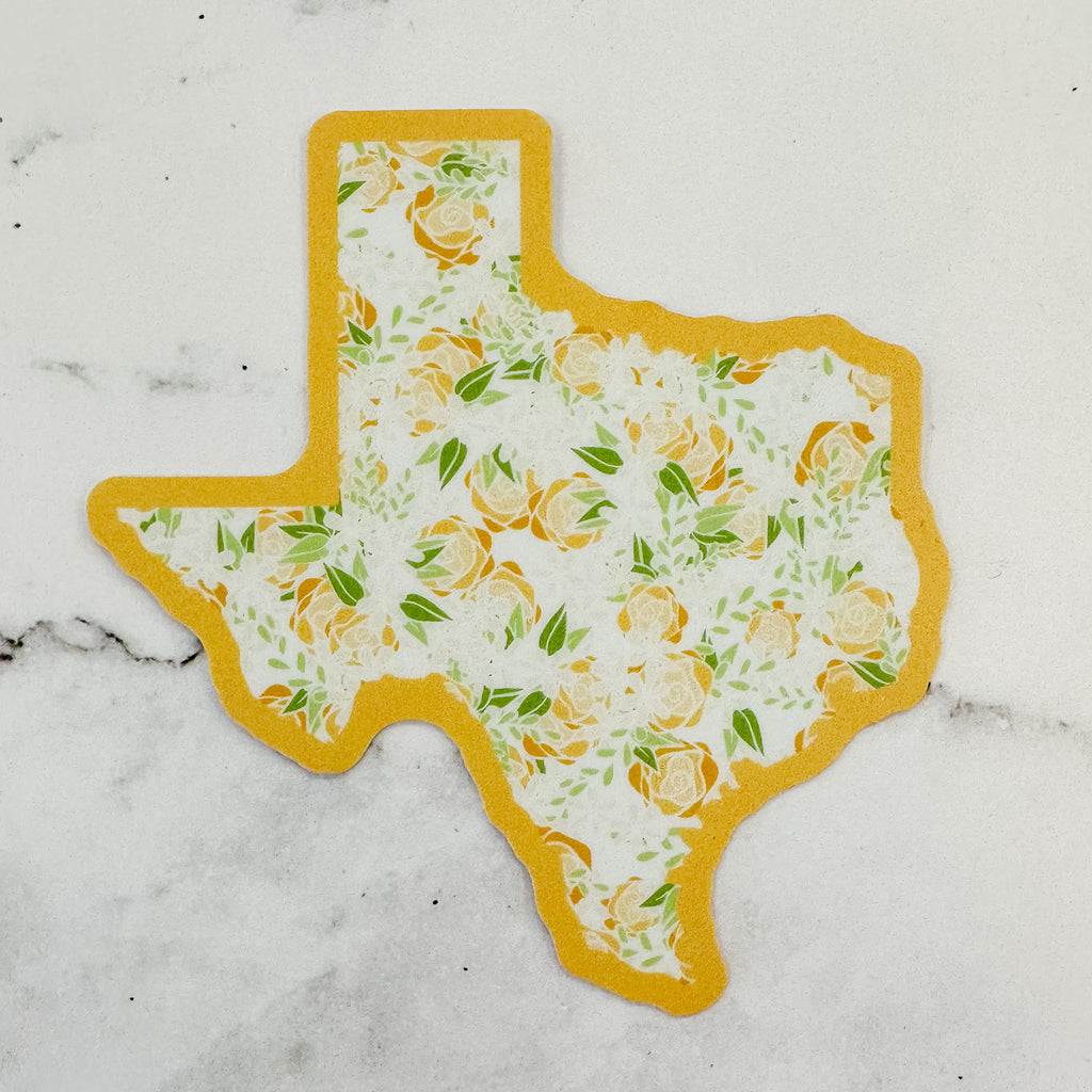 Texas Shaped Yellow Rose Print Sticker - Lyla's: Clothing, Decor & More - Plano Boutique
