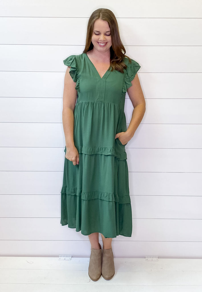 Down the Way Olive Forest Midi Dress - Lyla's: Clothing, Decor & More - Plano Boutique