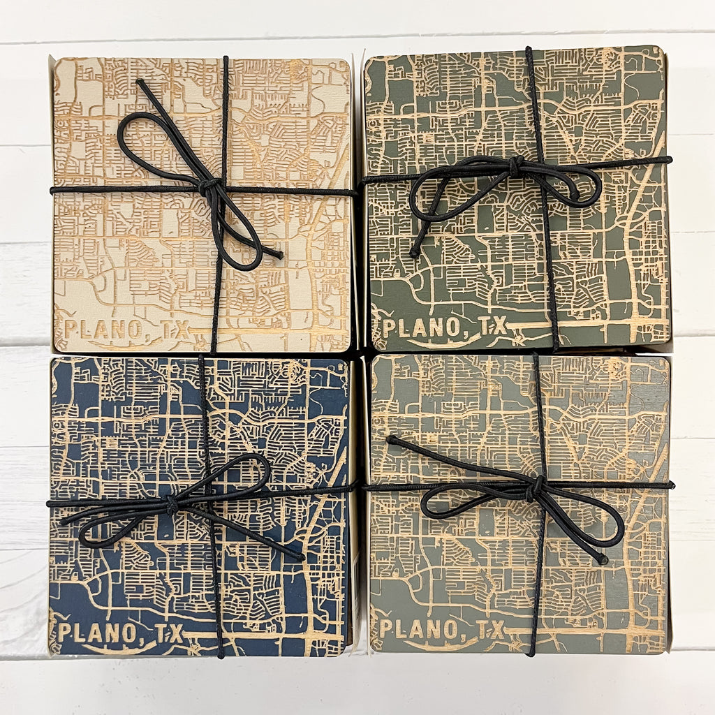 Plano Map Wood Painted Coasters Set of 4 - Lyla's: Clothing, Decor & More - Plano Boutique