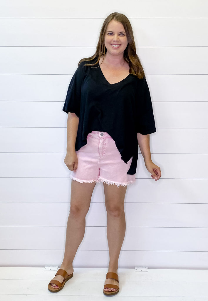Acid Pink High Rise Frayed Hem Shorts by Risen - Lyla's: Clothing, Decor & More - Plano Boutique