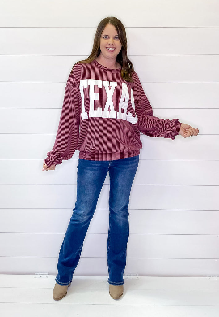 Texas Corduroy Graphic Wine Sweater - Lyla's: Clothing, Decor & More - Plano Boutique