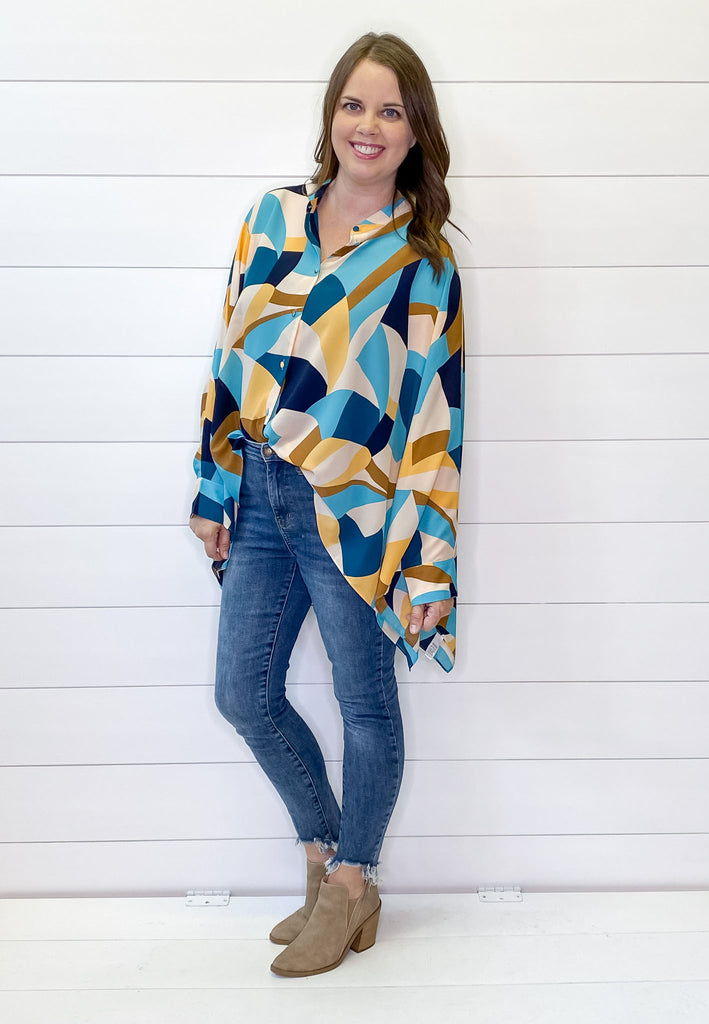 Abstract Print Button Front Blue Top - Lyla's: Clothing, Decor & More - Plano Boutique