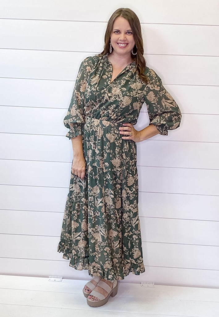 Olive Floral Print Tiered Maxi Dress - Lyla's: Clothing, Decor & More - Plano Boutique