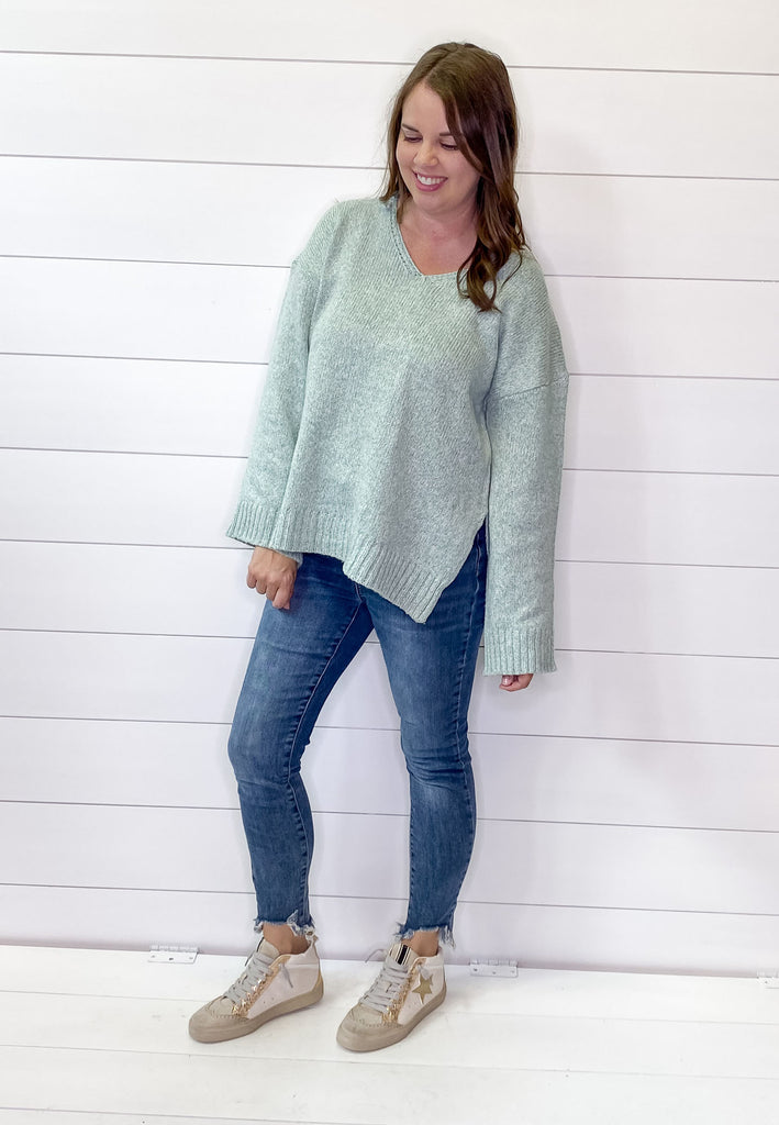 Marled Side Slit Mint Sweater - Lyla's: Clothing, Decor & More - Plano Boutique