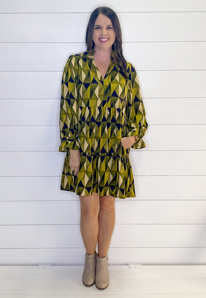 Geometric Print Olive Dress - Lyla's: Clothing, Decor & More - Plano Boutique
