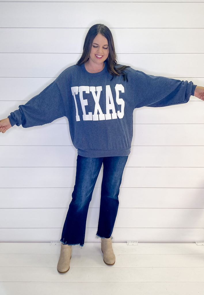 Texas Corduroy Graphic Midnight Blue Sweater - Lyla's: Clothing, Decor & More - Plano Boutique